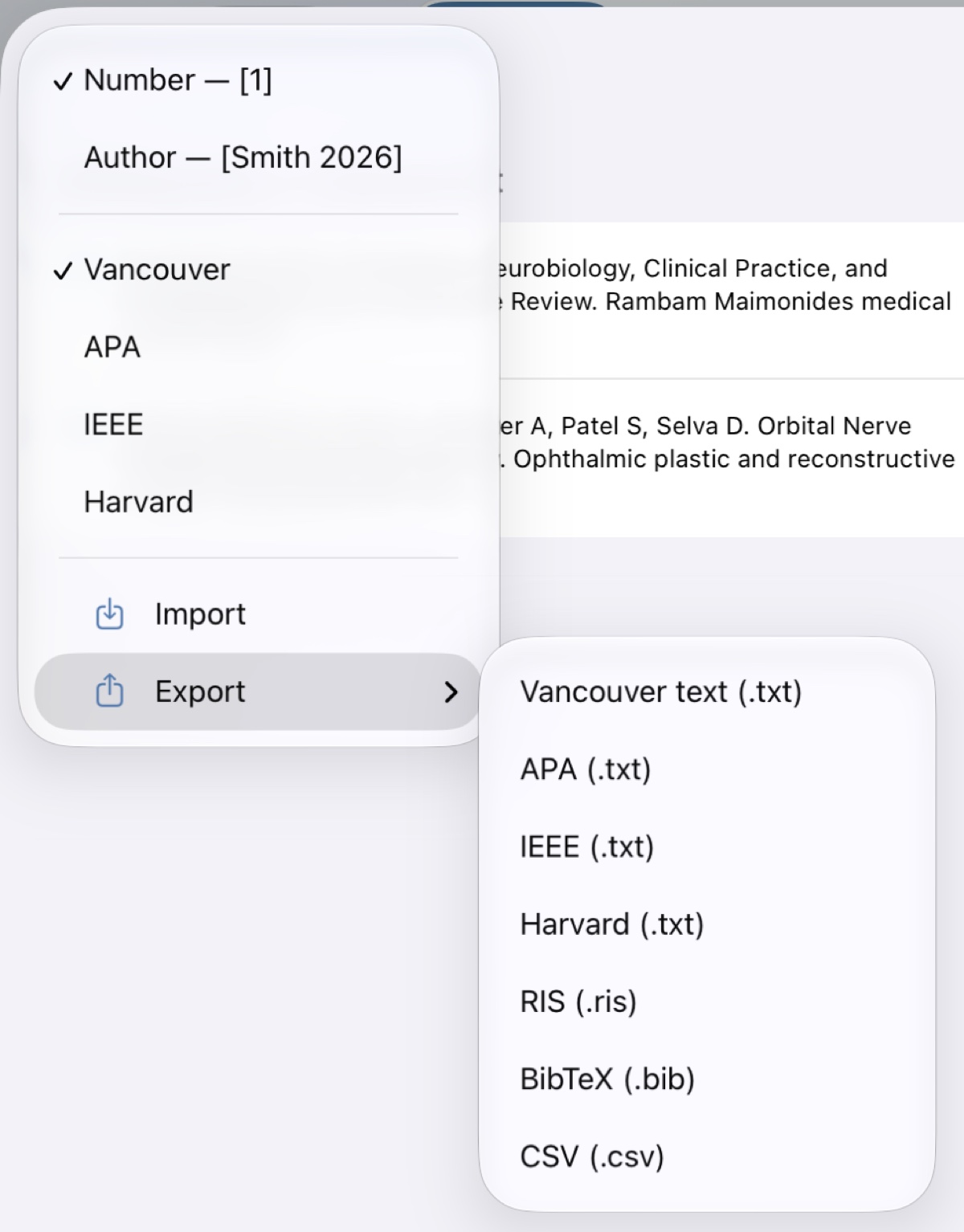 The citation-style and export menus open: Vancouver, APA, IEEE, Harvard, RIS, BibTeX, CSV.