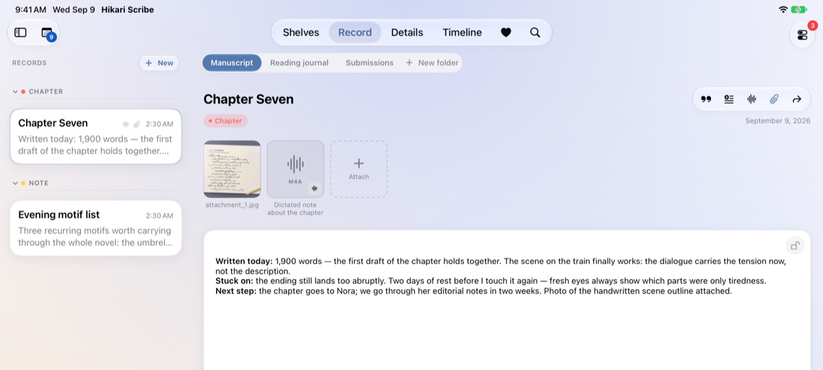 The iPad workspace: records in the sidebar, folder tabs, attachments and the day's entry.