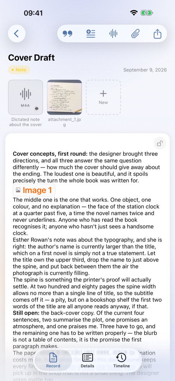The iPhone editor with a cover-draft note, an inline image marker and two attachments.