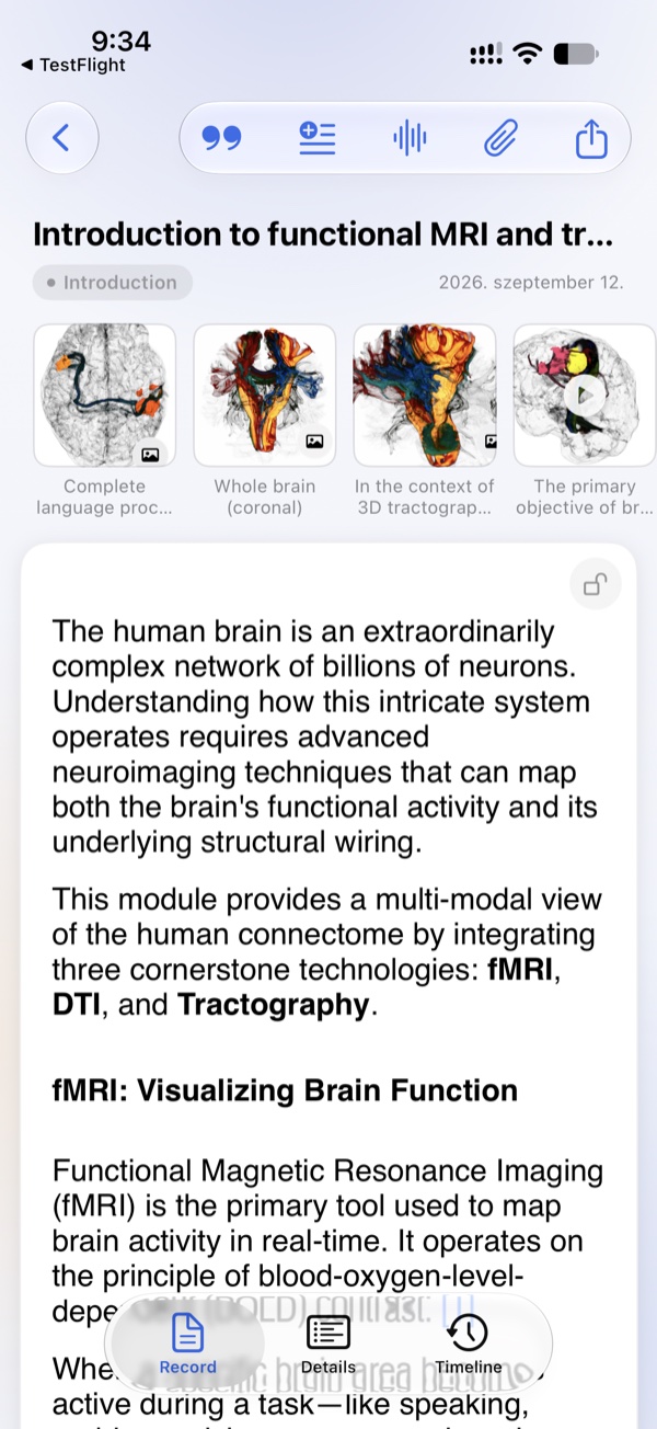 The complete Hikari iPhone screen with a research entry, attachments and editing toolbar.