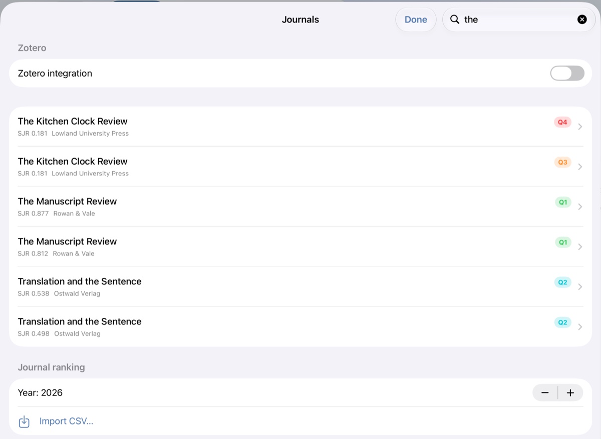 The Journals sheet on iPad: journal names with SJR values, quartile chips and publishers, and the year control.