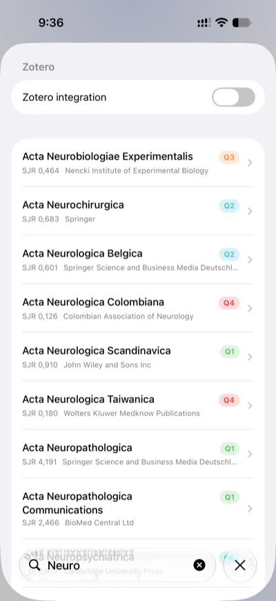 The complete iPhone Journals view with imported journal names, SJR values and quartiles.