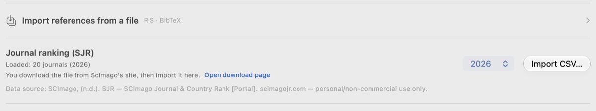 The Mac journal-ranking row: how many journals are loaded for the selected year, and the CSV import button.