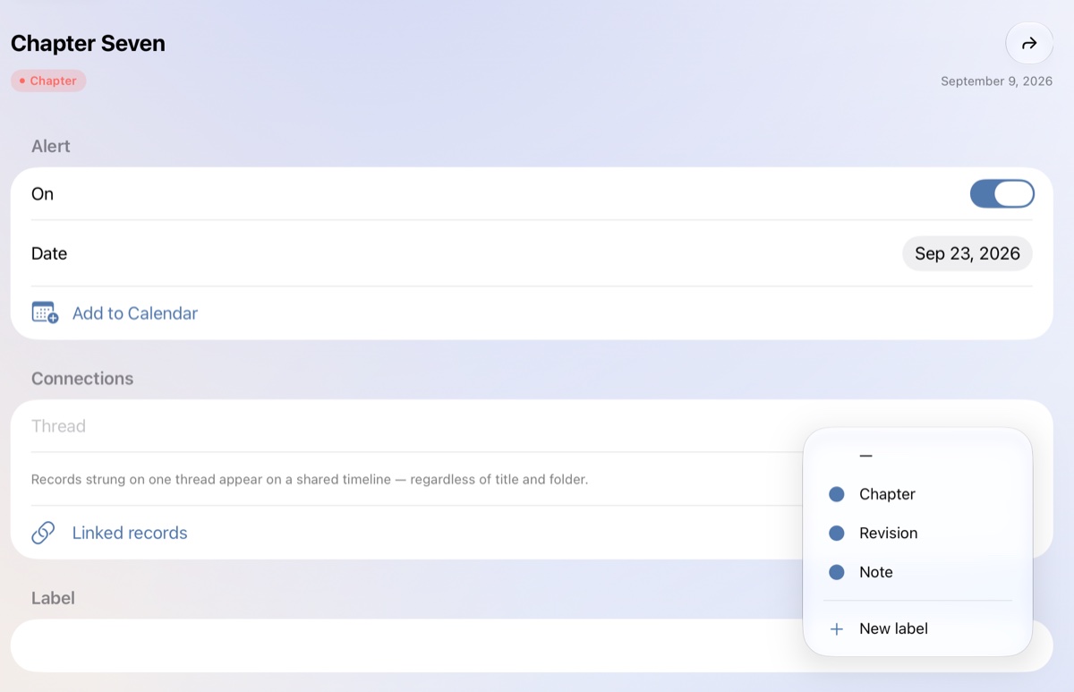 The Details pane on iPad with the alert date, the thread field and the label picker open.