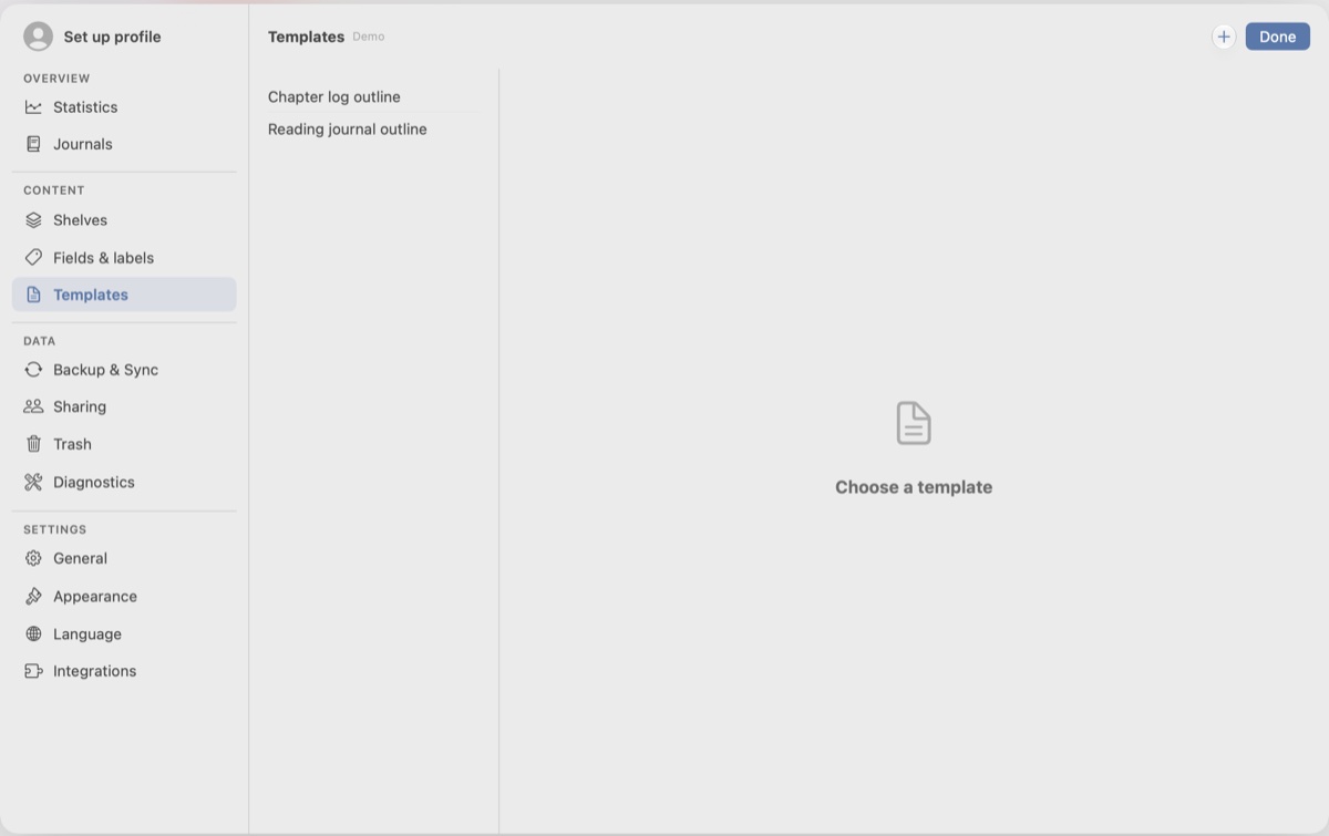 The Mac settings window on Templates, listing two saved entry outlines.