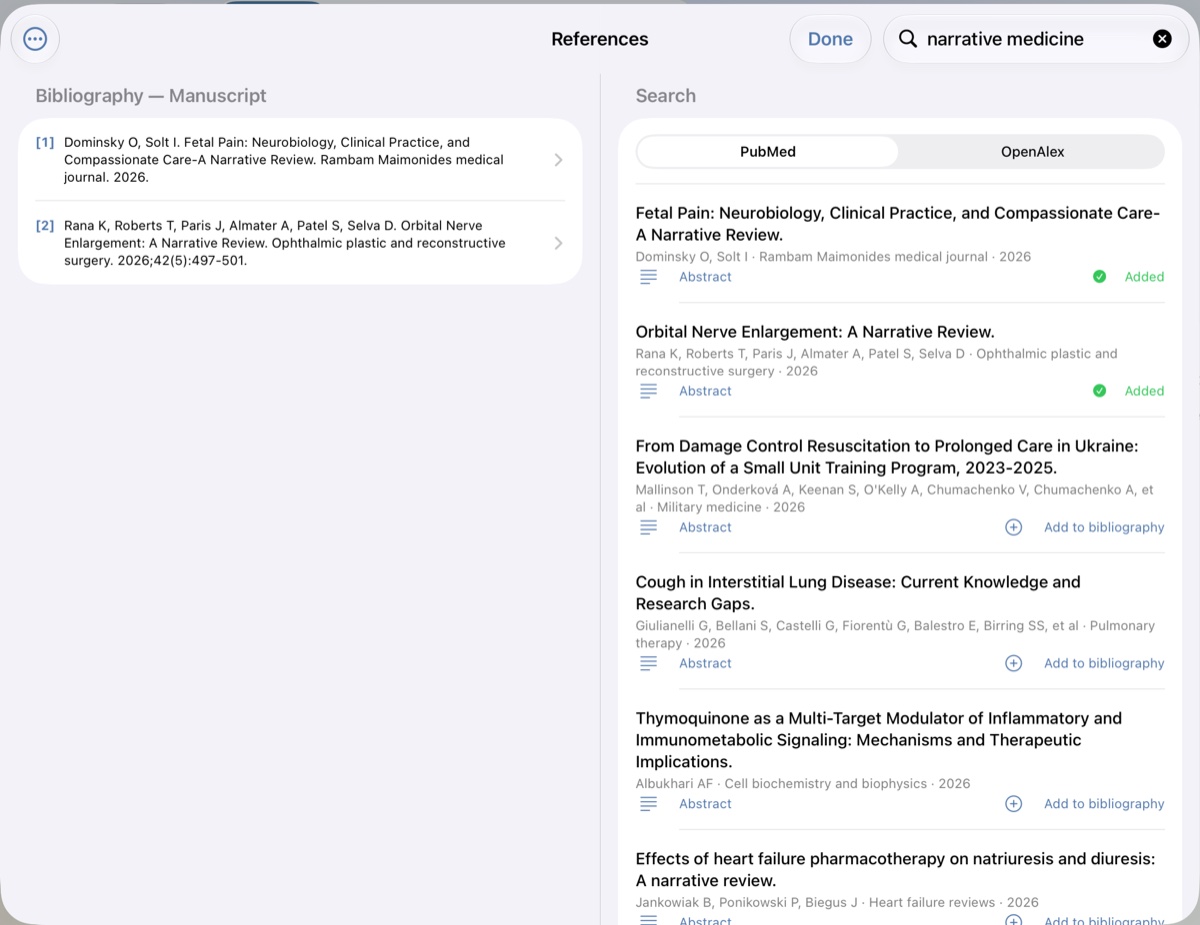 The References sheet: the folder bibliography on the left, a literature search on the right.