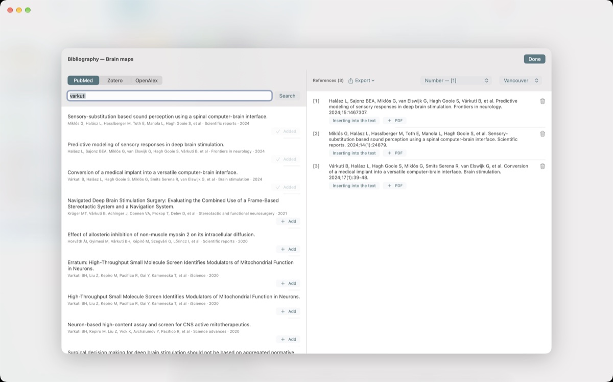 The full Mac bibliography window: PubMed results on the left and saved references on the right.