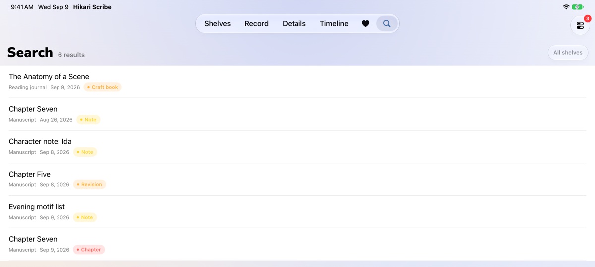 Search results across shelves, each row showing its folder, date and label.