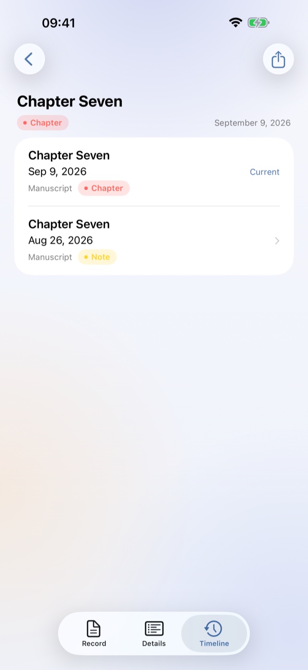 The timeline of one chapter on iPhone: two versions of the same record, two weeks apart.