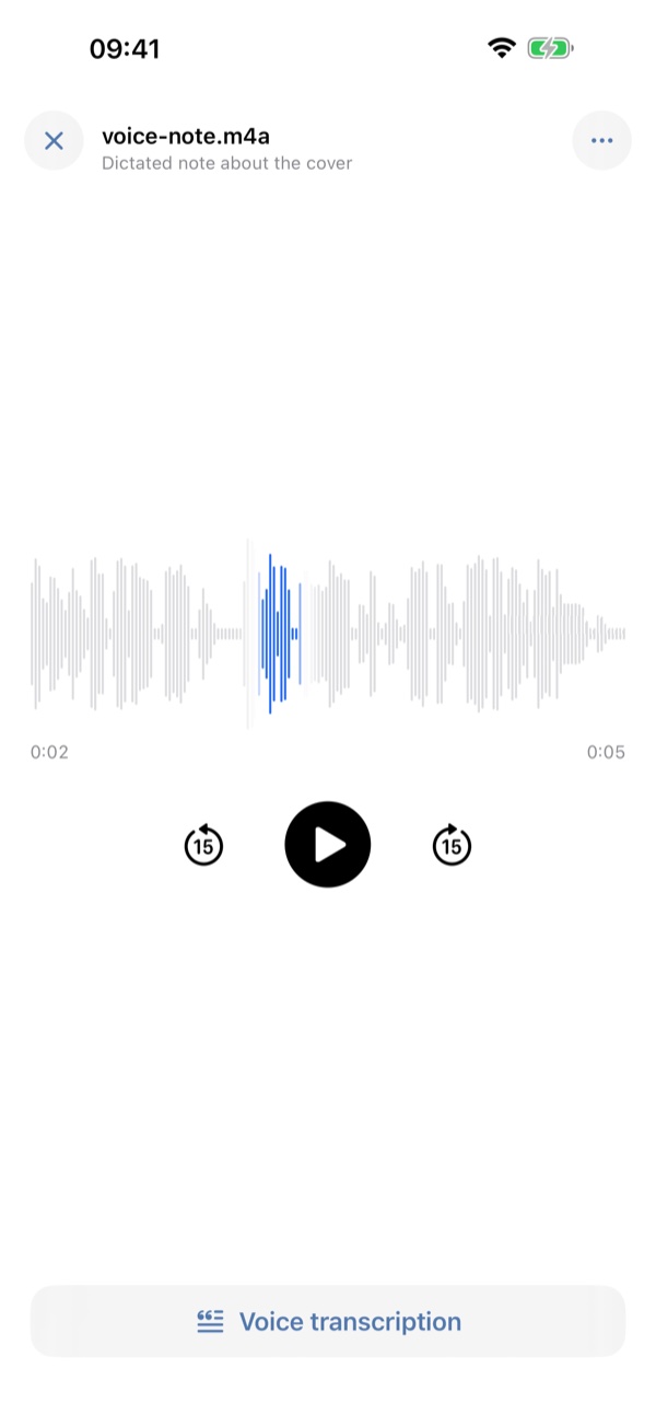 The iPhone voice player: a waveform, the playhead, and the button that starts a transcription.