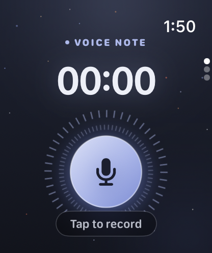 The Watch recorder at rest: 00:00 and a Tap to record button.