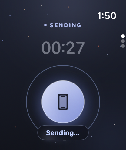 The Watch handing a recording to the phone: SENDING, with a phone glyph inside the ring.