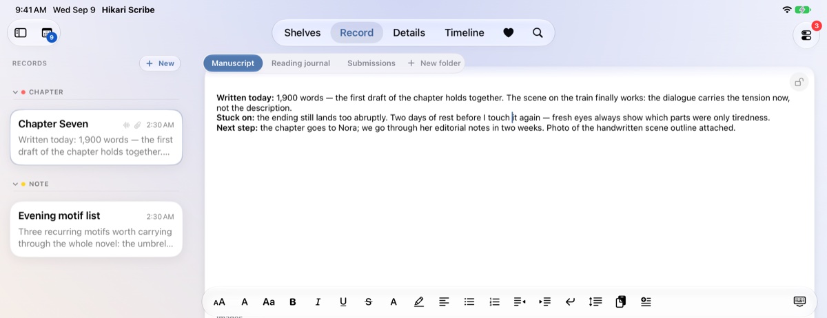 The iPad editor with the formatting toolbar open under the text.
