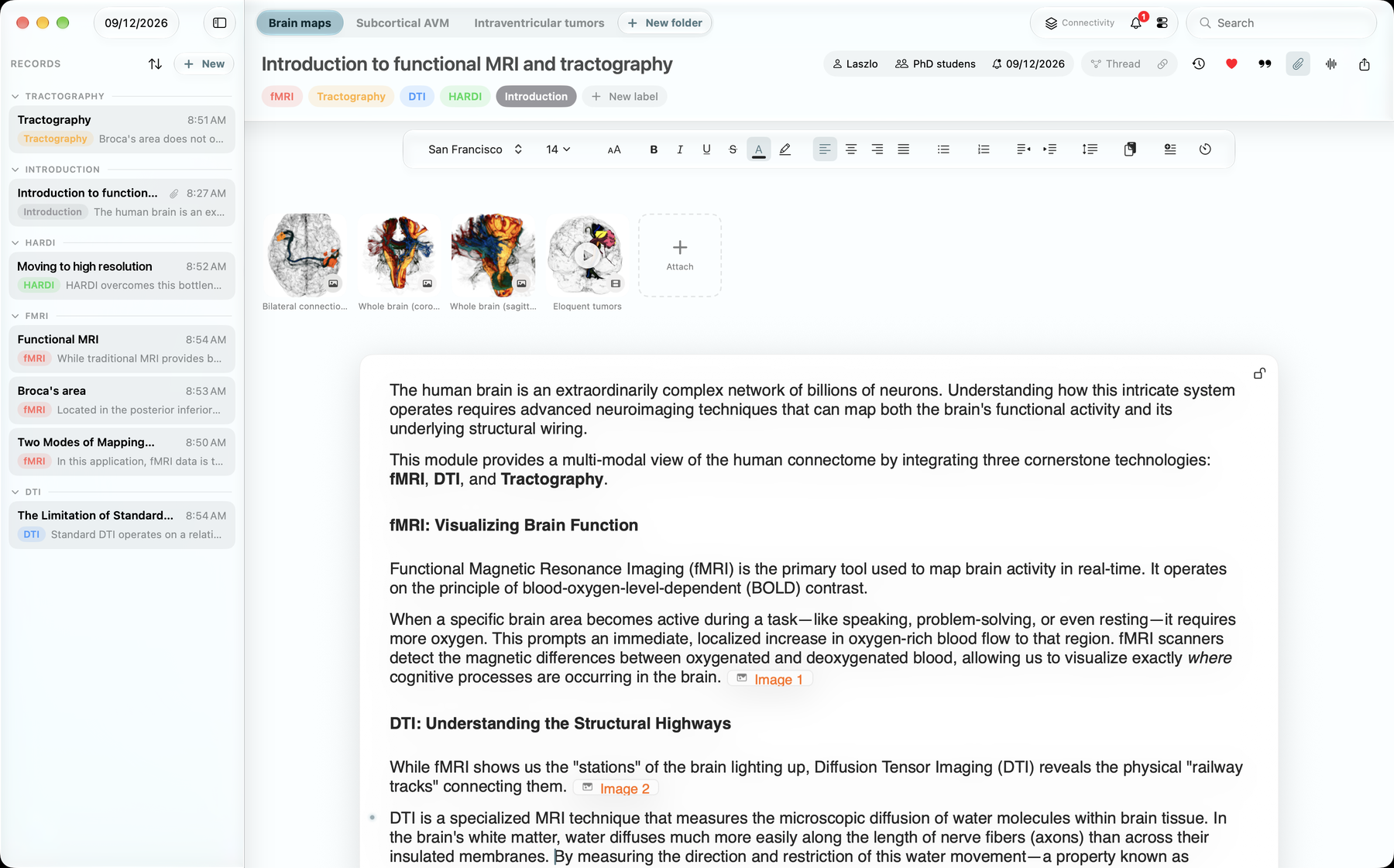 The complete Hikari Mac window with a formatted research note, labels and attached images.